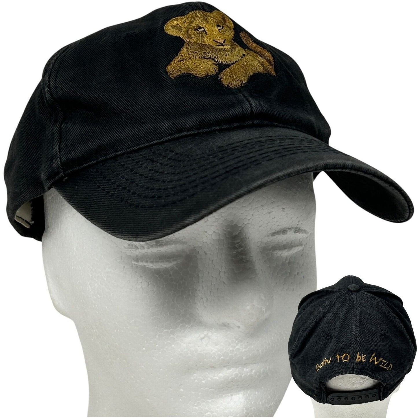 Fahrenheit black hat featuring an embroidered Lion Cub on the front and 'Born to be Wild' on the back