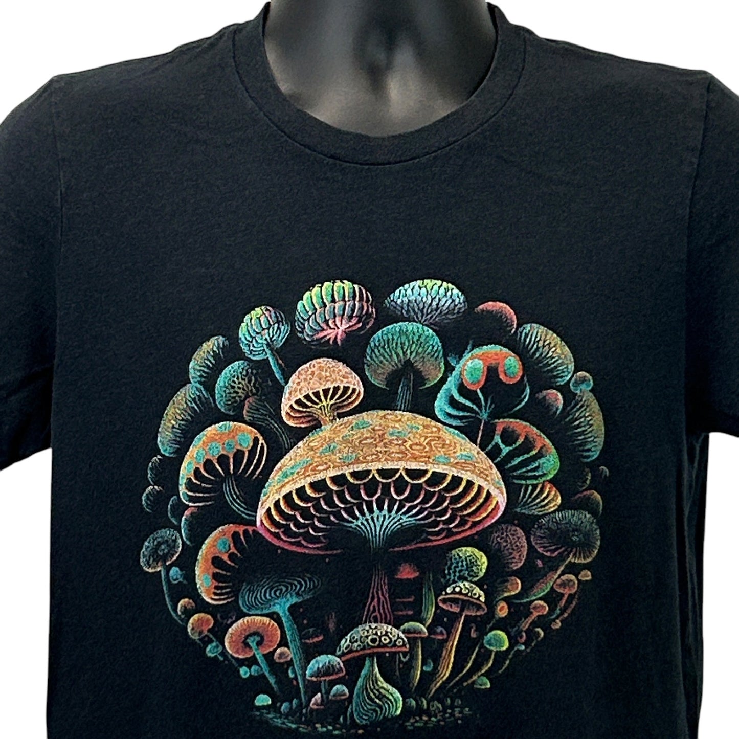 Bella + Canvas Black T-Shirt featuring colorful Magic Mushrooms design on the front