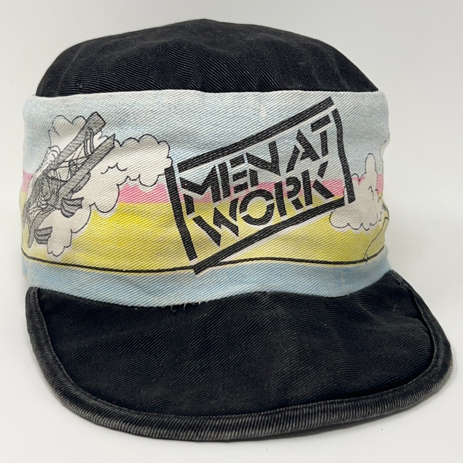Vintage Men at Work Black Bucket Hat with Colorful Graphic Band and Unique Artwork Design