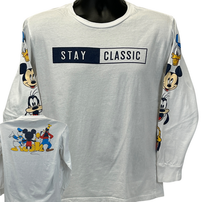 White long-sleeve T-shirt by Mad Engine featuring Mickey Mouse graphics and text 'STAY CLASSIC'.
