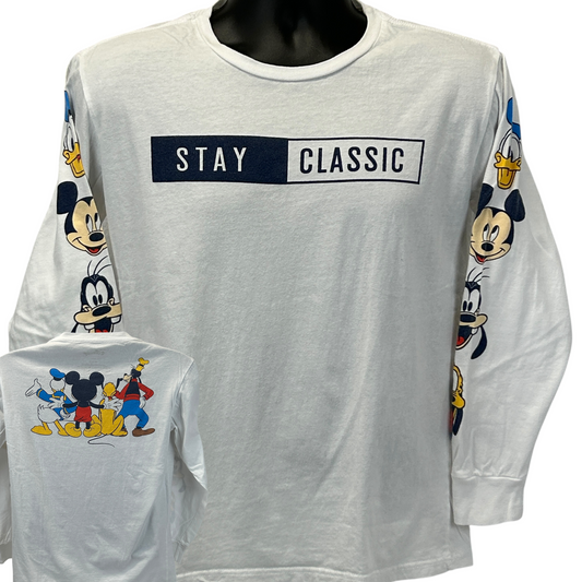 White long-sleeve T-shirt by Mad Engine featuring Mickey Mouse graphics and text 'STAY CLASSIC'.