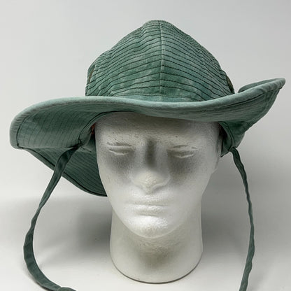 Unbranded green Bush Hat with wide brim and chin straps, showing front view and textured pattern
