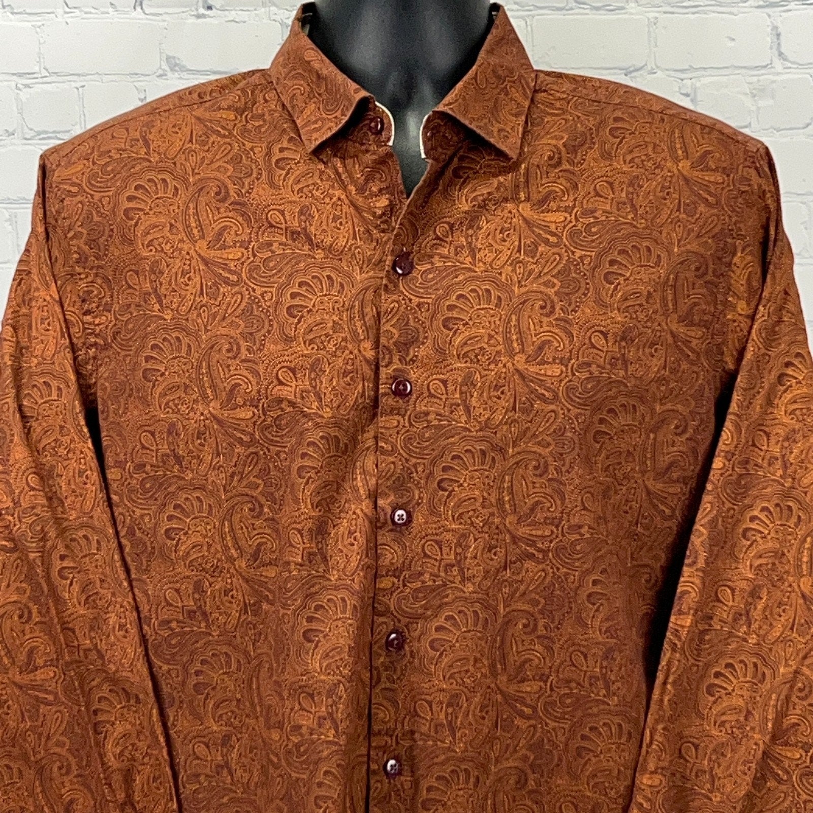 Consequence Men's Long-Sleeve Shirt in Rust with Intricate Pattern and Button Front Detail