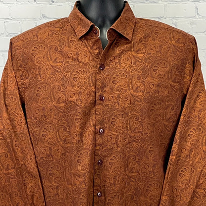 Consequence Men's Long-Sleeve Shirt in Rust with Intricate Pattern and Button Front Detail