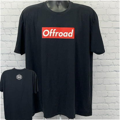 Black Unbranded Offroad T-Shirt with Red Logo on Front and Back View Showing Unique Design