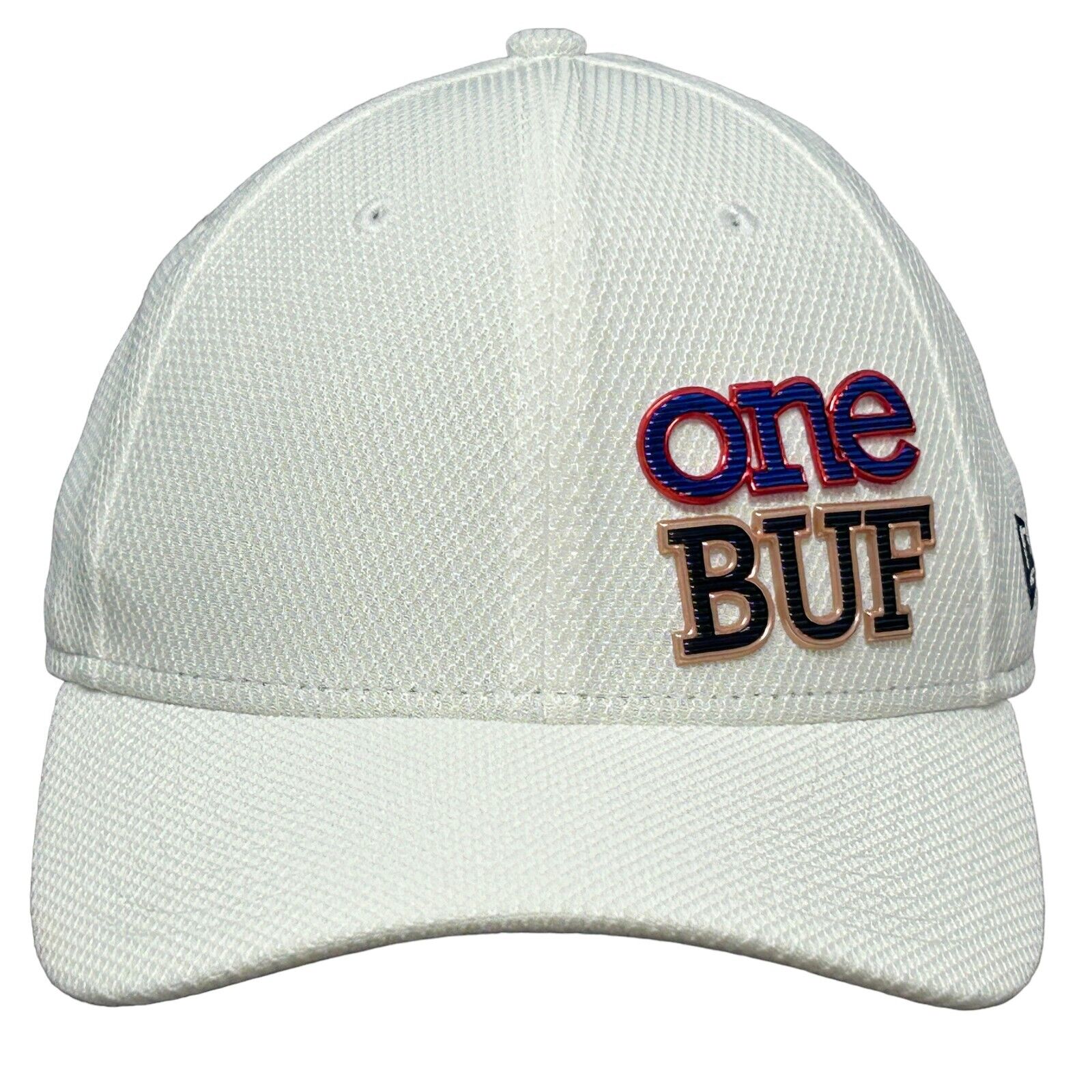 New Era One Buf Hat in white with embroidered one BUF logo, front view showing mesh design