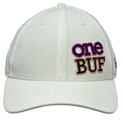 New Era One Buf Hat in white with embroidered one BUF logo, front view showing mesh design