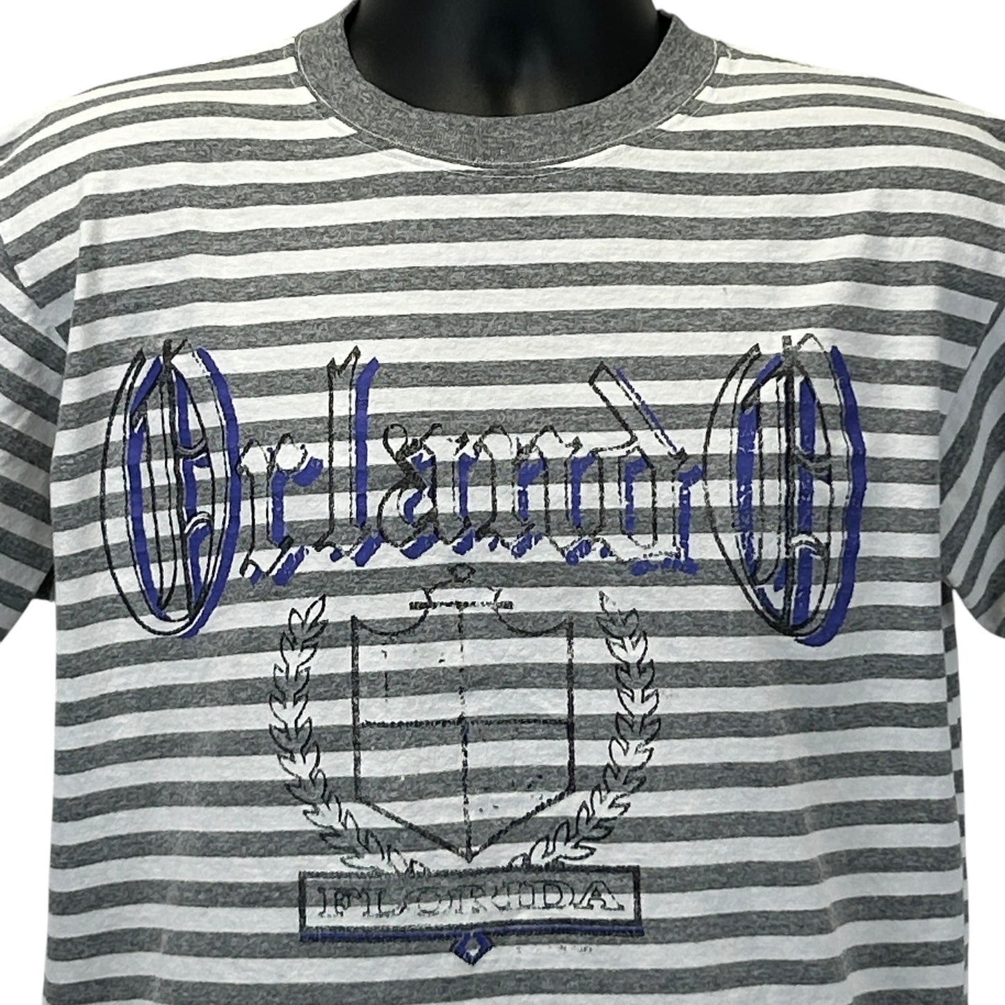 Gray striped Vintage T-Shirt featuring Orlando Florida logo in navy blue on the front