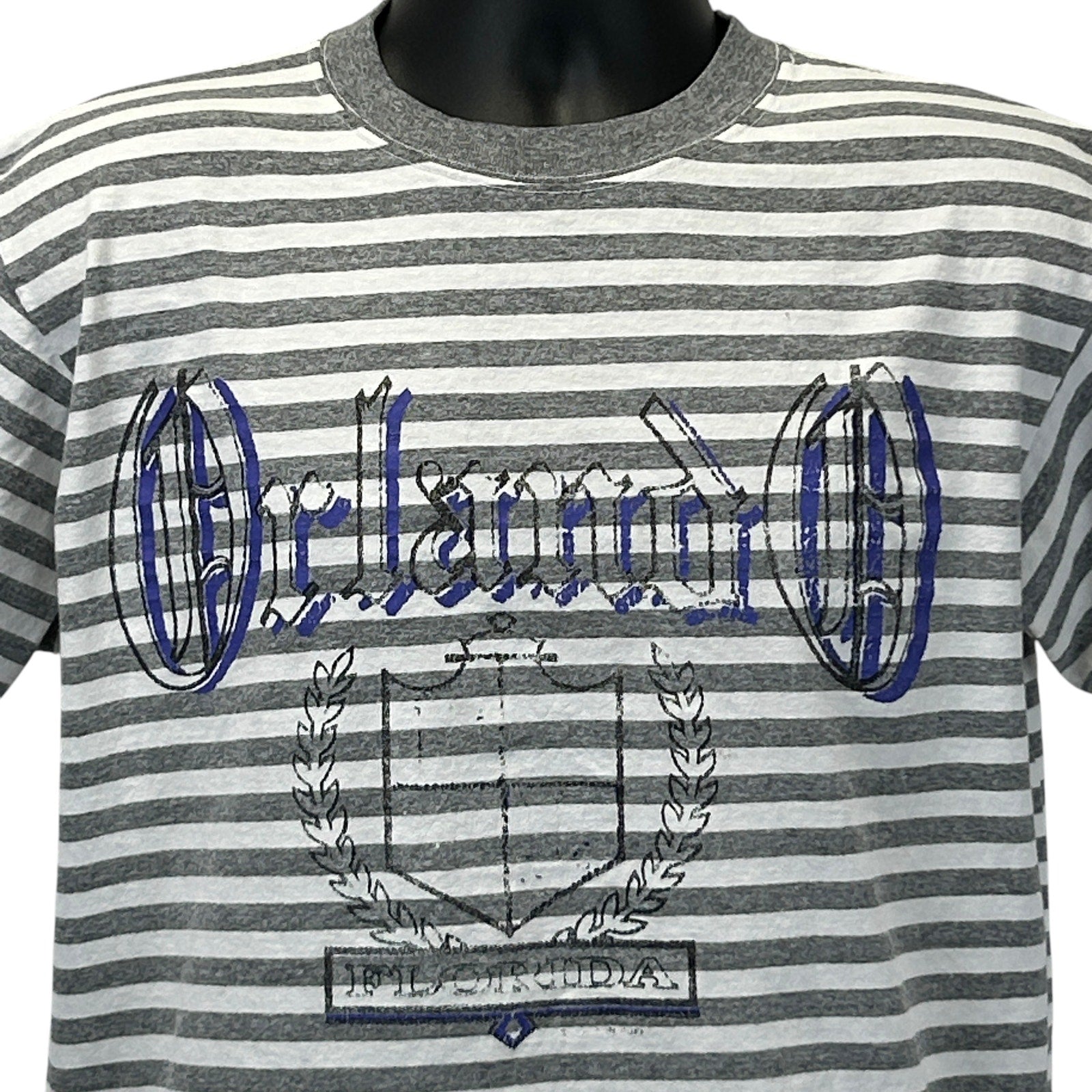 Gray striped Vintage T-Shirt featuring Orlando Florida logo in navy blue on the front
