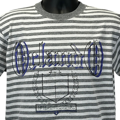 Gray striped Vintage T-Shirt featuring Orlando Florida logo in navy blue on the front