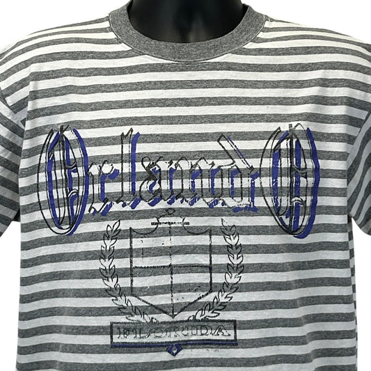 Gray striped Vintage T-Shirt featuring Orlando Florida logo in navy blue on the front