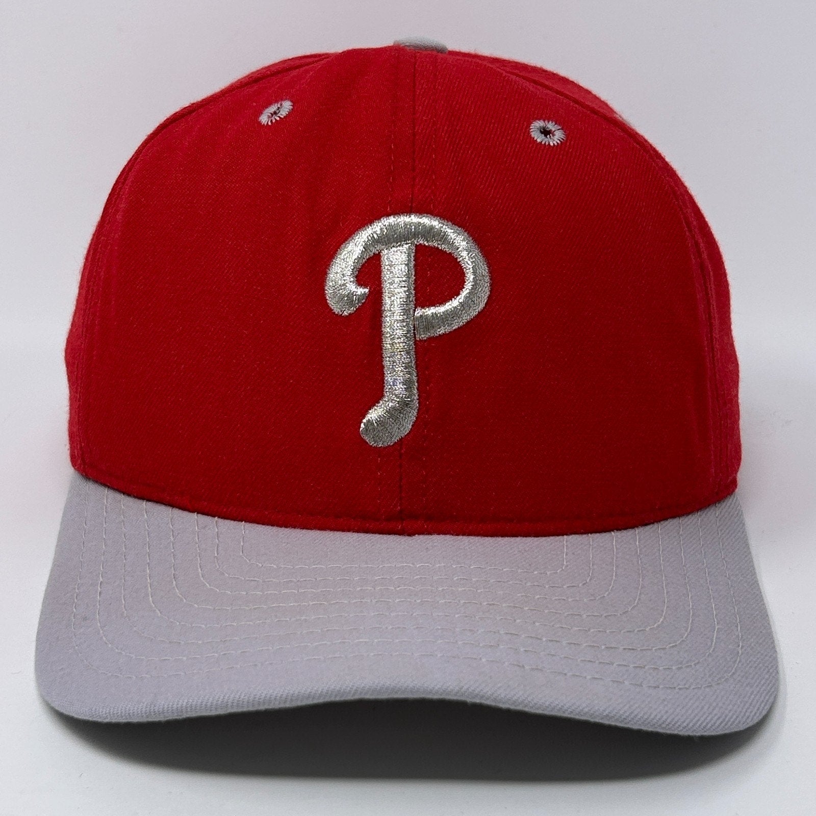 New Era Phillies Hat in red and gray with embroidered logo on the front for fans and collectors