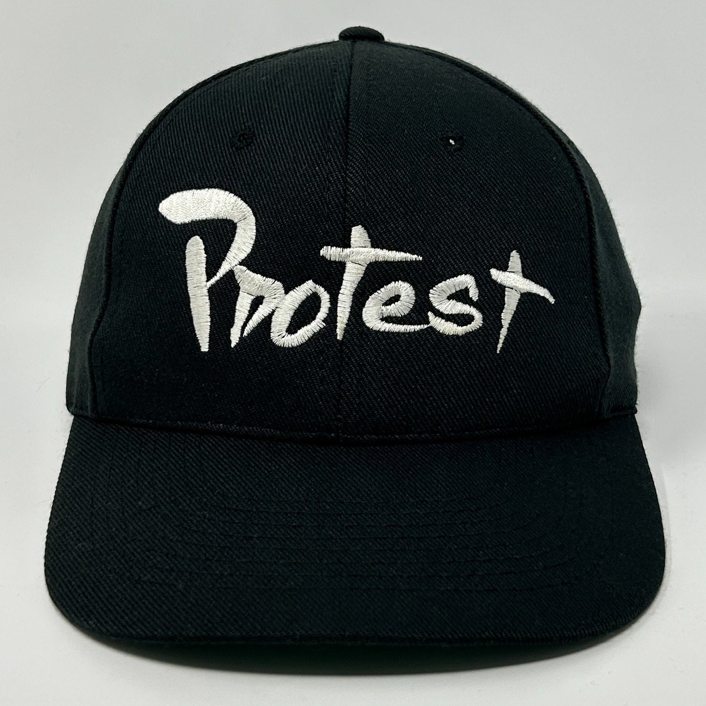 Black Protest Hat with White Embroidered Logo on Front for a Trendy Look