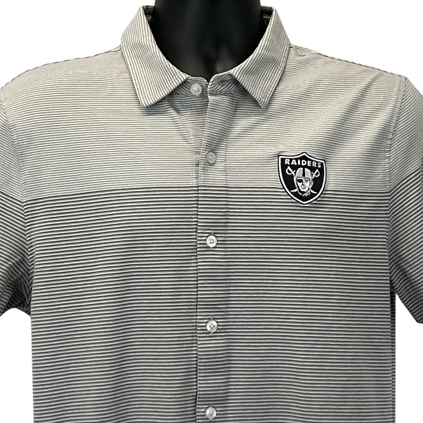 Men's Cutter & Buck Raiders Shirt in gray with striped pattern and logo on chest, front view