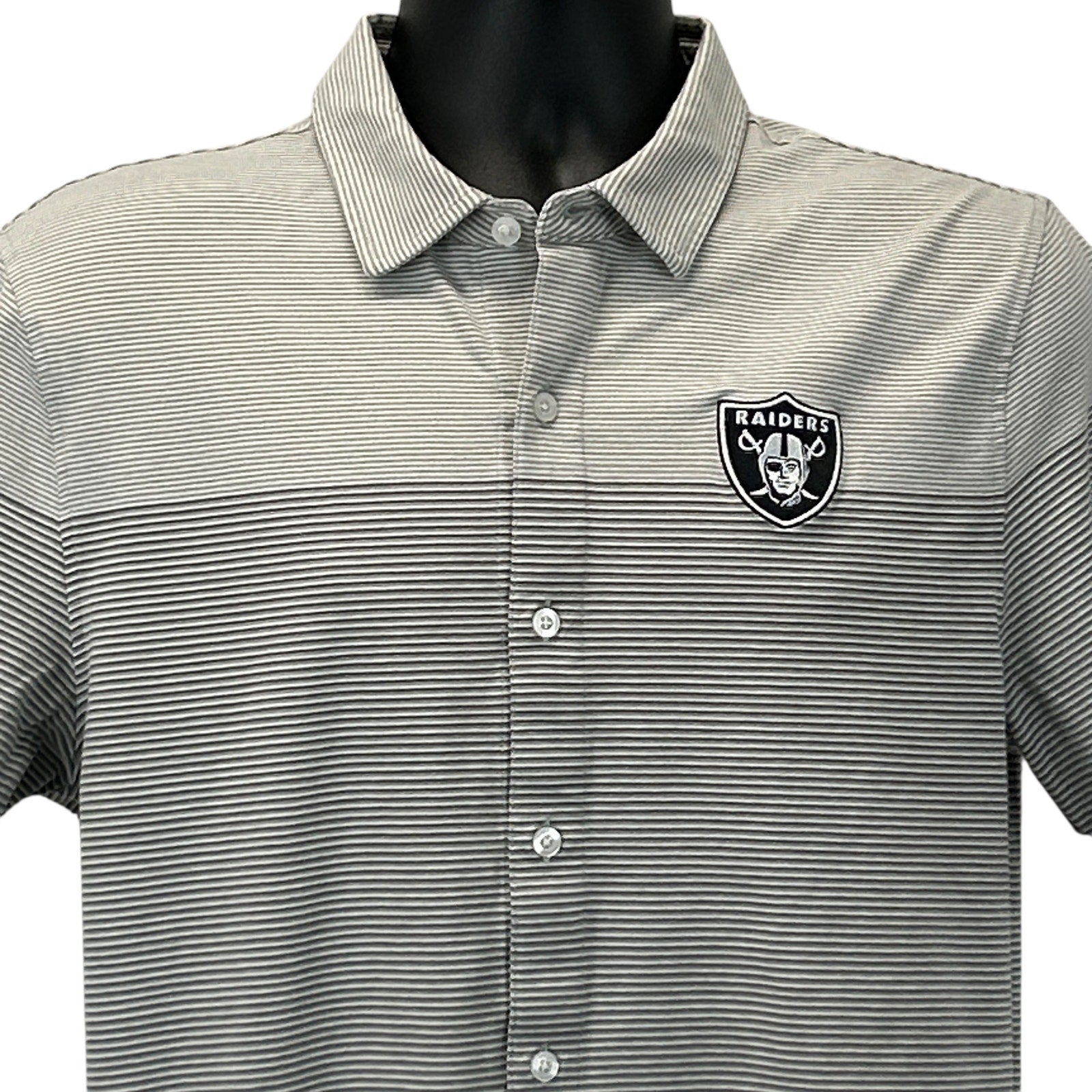 Men's Cutter & Buck Raiders Shirt in gray with striped pattern and logo on chest, front view