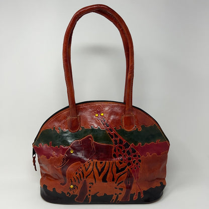 Vintage Safari Leather Handbag featuring Elephant and Giraffe Design in Rich Brown and Orange Colors
