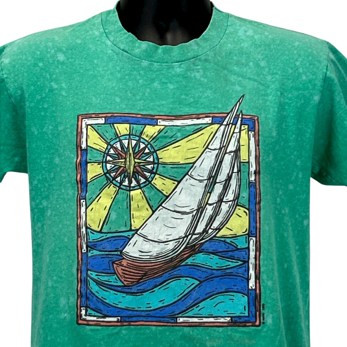 Vintage Green T-Shirt with Sailing Boat Graphic and Compass Design, Front View