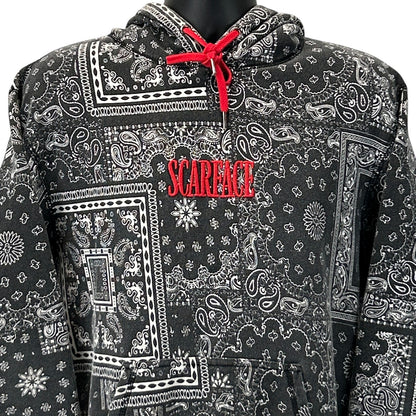 Black hoodie with SCARFACE graphic, front view featuring paisley print and red drawstring details