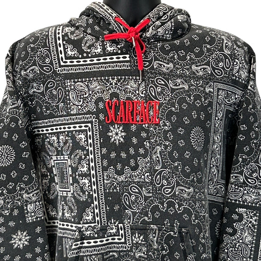 Black hoodie with SCARFACE graphic, front view featuring paisley print and red drawstring details