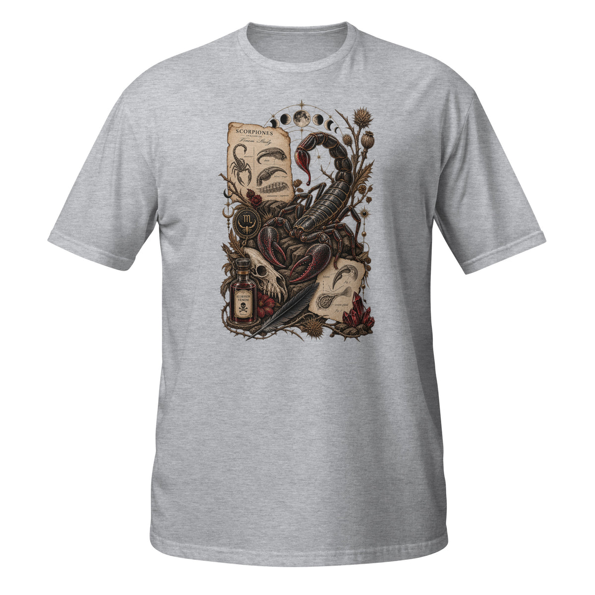 Front view of gray T-shirt featuring a detailed scorpion graphic design by neonvtg in various colors.