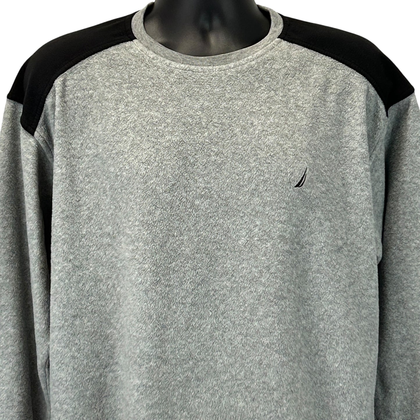 Nautica gray sweater with black shoulder accents, front view, featuring logo detail