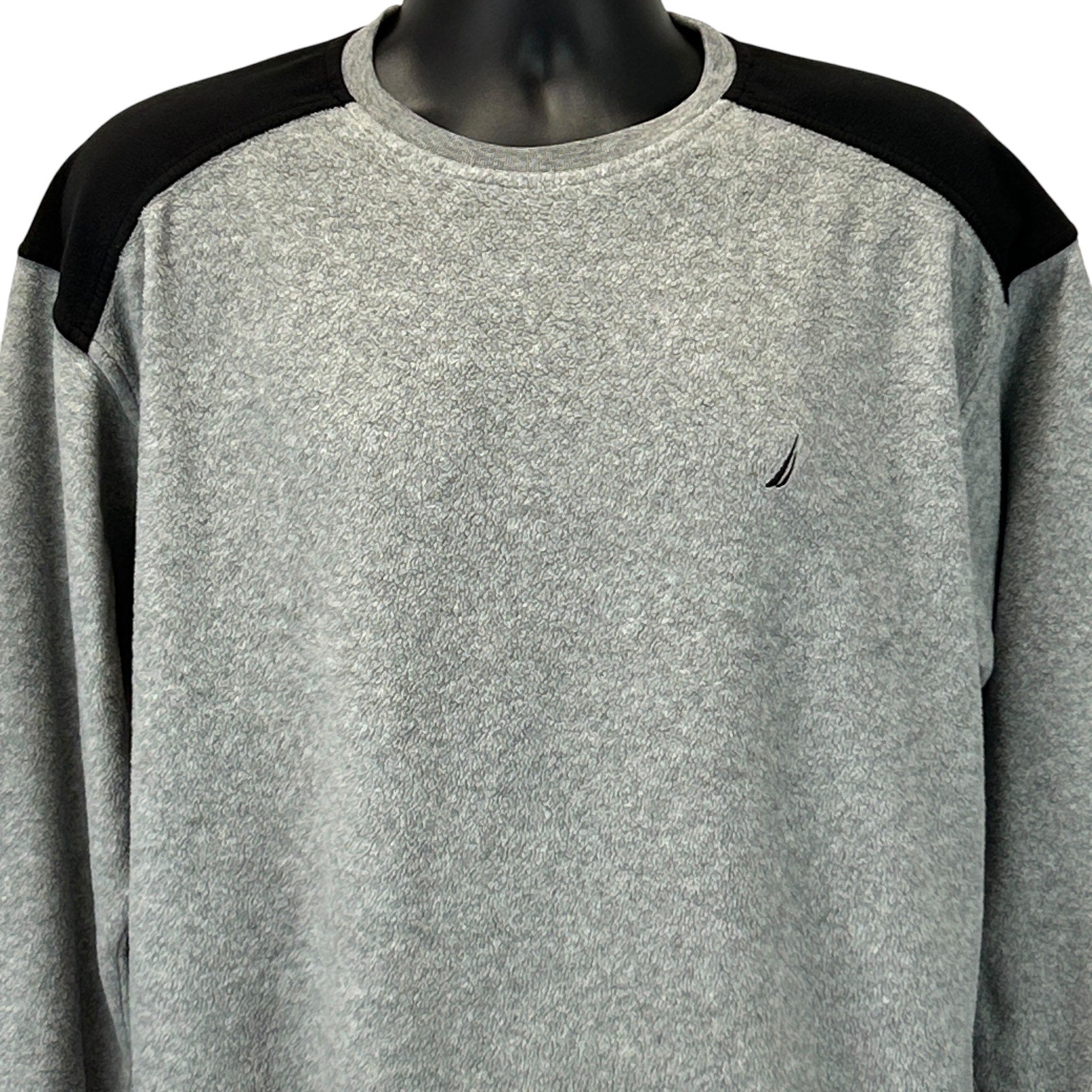 Nautica gray sweater with black shoulder accents, front view, featuring logo detail