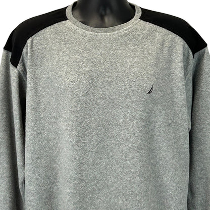 Nautica gray sweater with black shoulder accents, front view, featuring logo detail