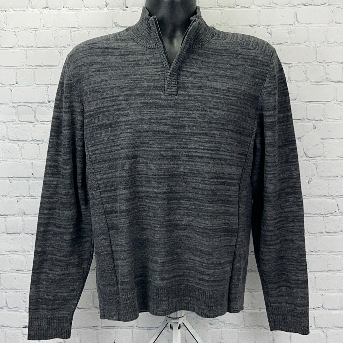 Alfani gray sweater in size large with a half-zip collar and ribbed texture, front view