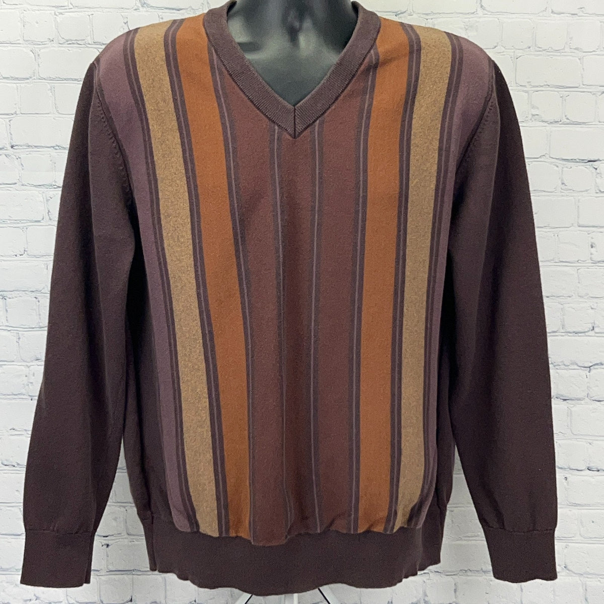 Collectif Vintage Style Sweater in Brown with Colorful Vertical Stripes, V-Neck and Ribbed Hem, Front View