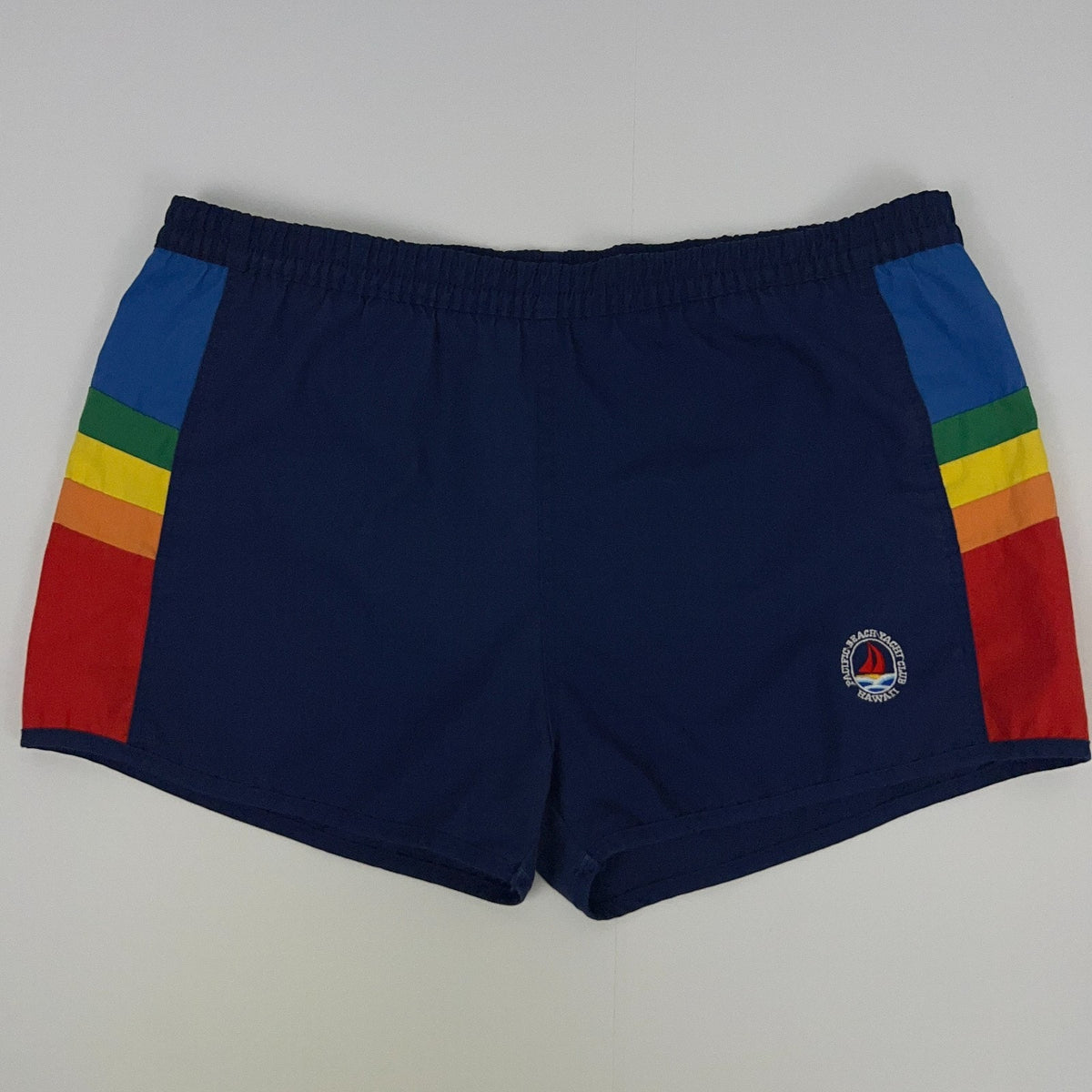 Vintage Swim Trunks in Navy with Colorful Stripes and Elastic Waist for Comfortable Fit