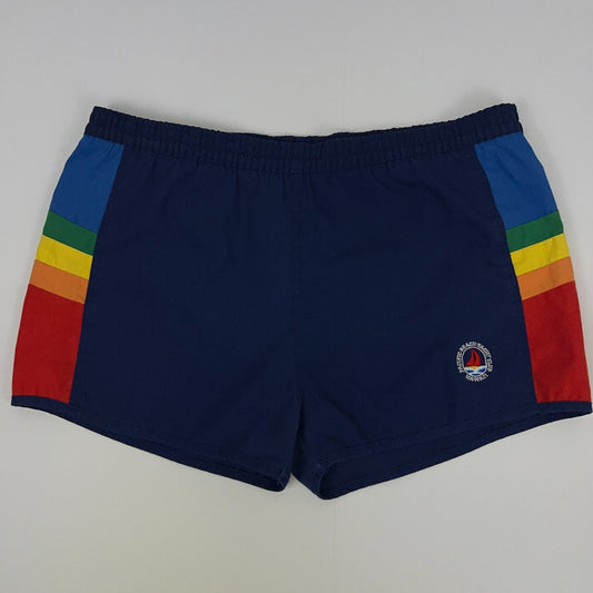 Vintage Swim Trunks in Navy with Colorful Stripes and Elastic Waist for Comfortable Fit