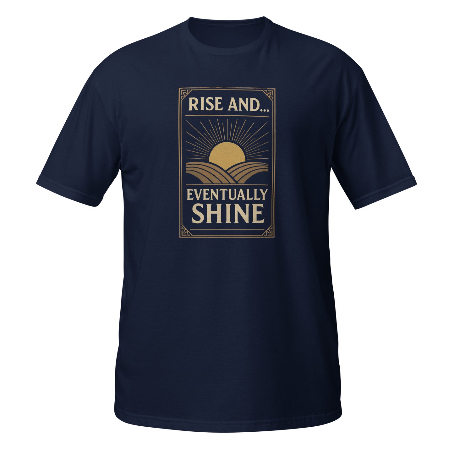 Neon Vintage Navy T-Shirt featuring a sunrise graphic with 'Rise and Eventually Shine' text, front view