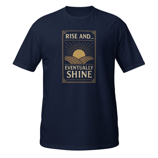 Neon Vintage Navy T-Shirt featuring a sunrise graphic with 'Rise and Eventually Shine' text, front view