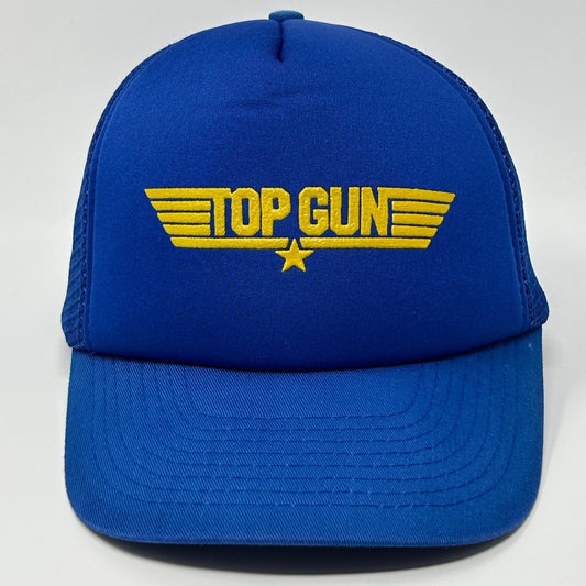 Front view of a blue vintage Top Gun cap with yellow logo and adjustable back strap