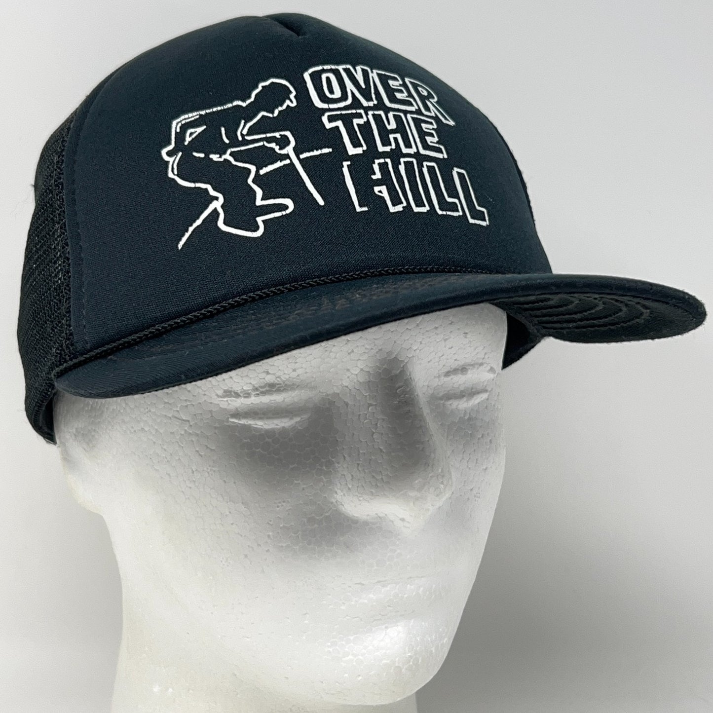 Vintage Trucker Cap in Black with Over the Hill Design, Adjustable Size, Front View