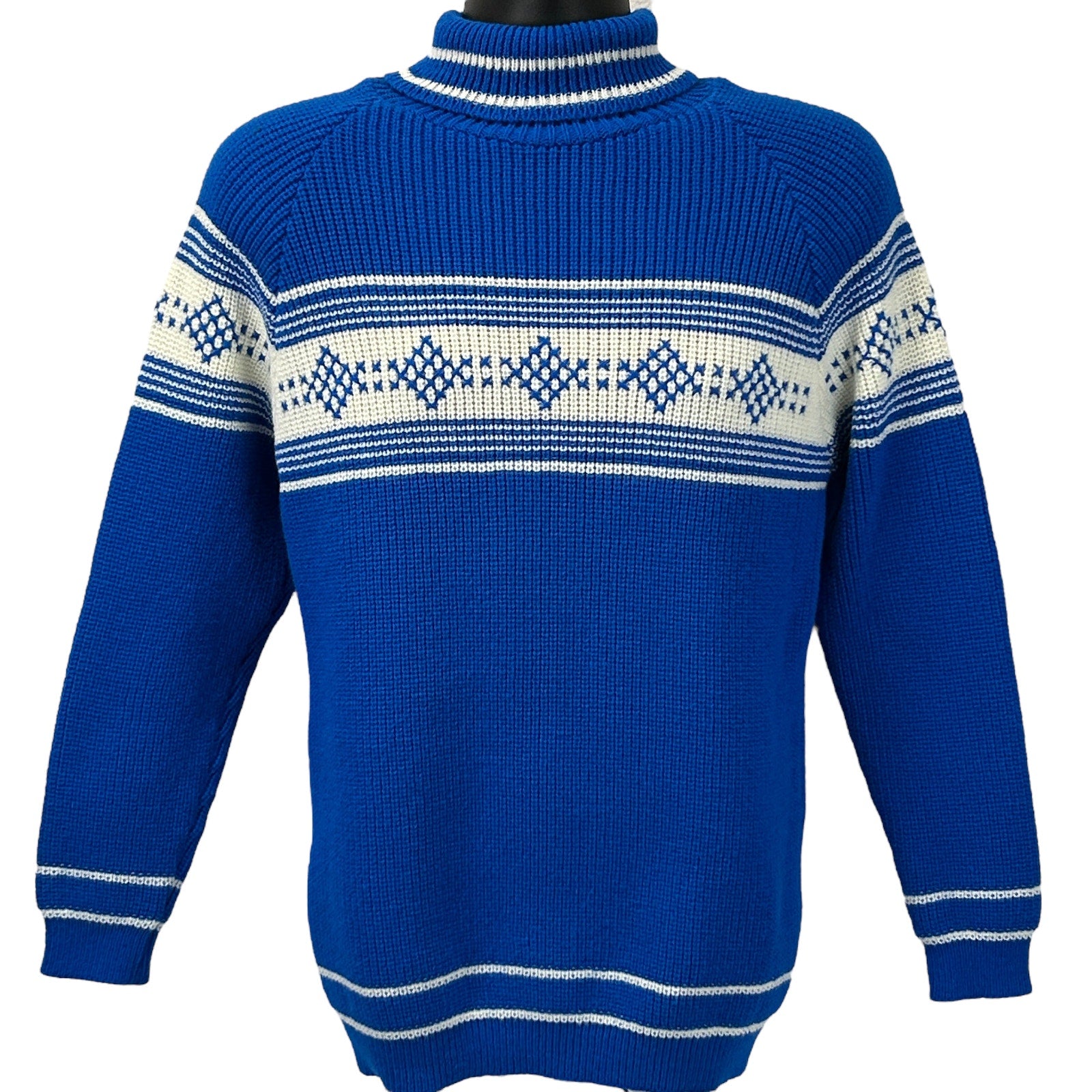 Vintage blue Turtleneck Sweater with white geometric patterns, front view, size medium