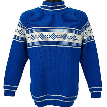 Vintage blue Turtleneck Sweater with white geometric patterns, front view, size medium