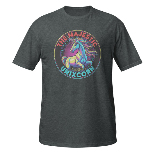 Charcoal Grey Unix T-Shirt featuring a colorful unicorn graphic on the front