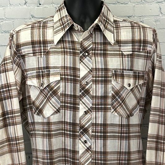 Front view of a Vintage Western Shirt in brown and cream plaid, featuring snap pockets and pointed yokes