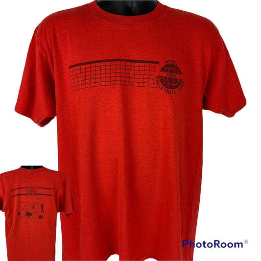 Red America Project T-Shirt with Volleyball graphic and grid design, featuring a relaxed fit and short sleeves