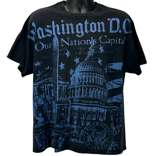 Black Washington DC T-Shirt with Blue Graphic of Capitol Building, Front View, Relaxed Fit, Short Sleeve