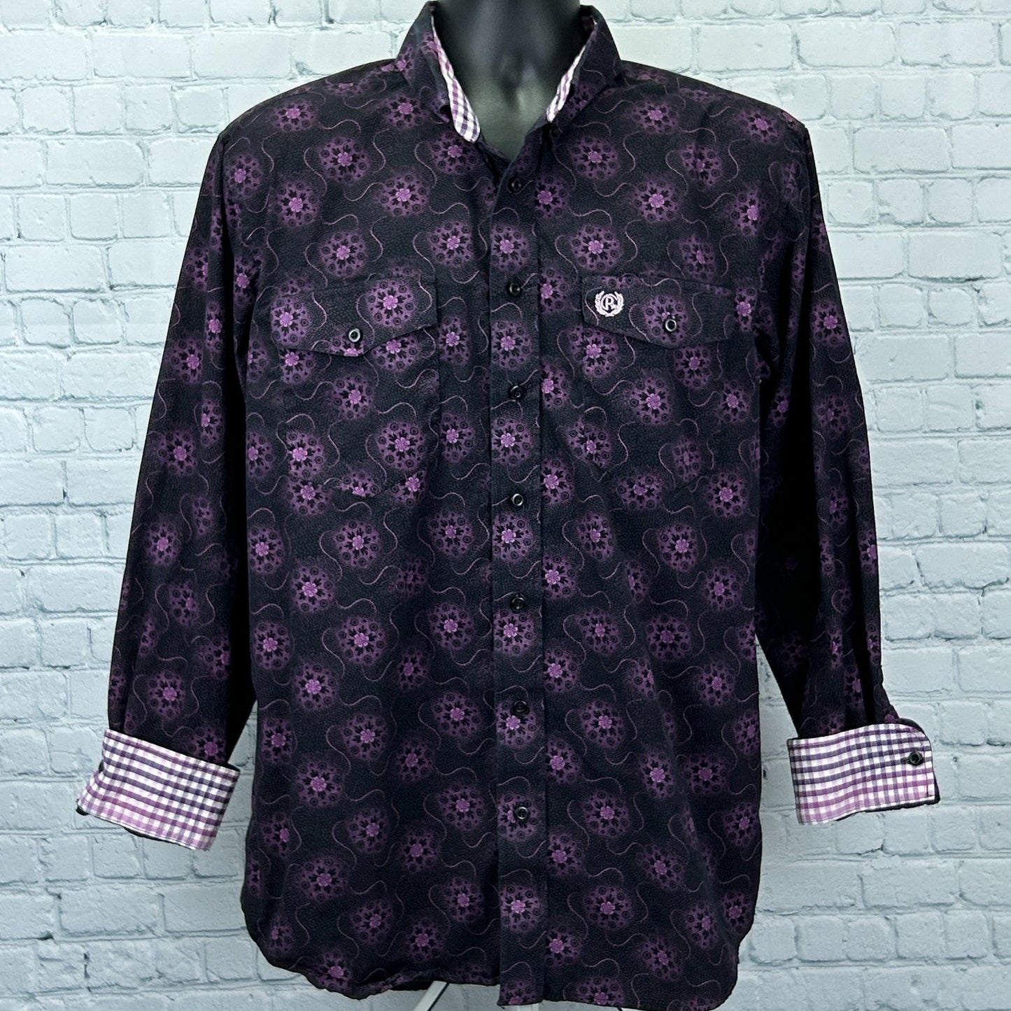 Panhandle Slim Western Shirt in black with purple floral pattern, front view, featuring logo and checkered cuffs