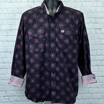 Panhandle Slim Western Shirt in black with purple floral pattern, front view, featuring logo and checkered cuffs