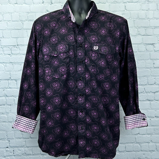Panhandle Slim Western Shirt in black with purple floral pattern, front view, featuring logo and checkered cuffs