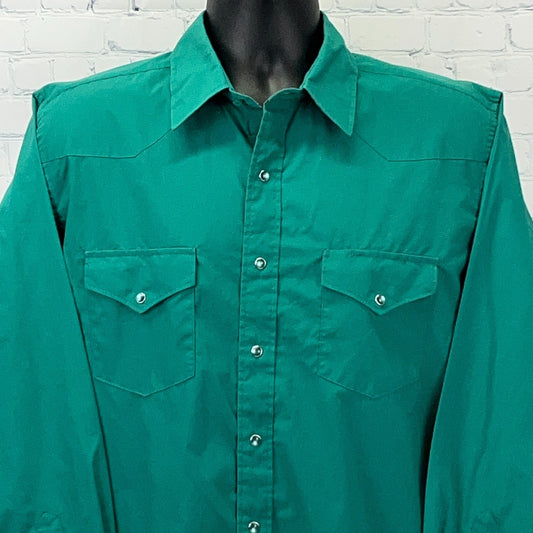 Front view of a vintage green Western Shirt with snap buttons and chest pockets