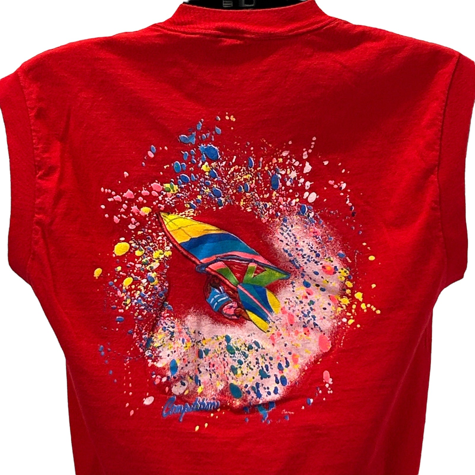 Red Vintage T-Shirt featuring a colorful Windsurfer graphic on the back, size medium, casual style.