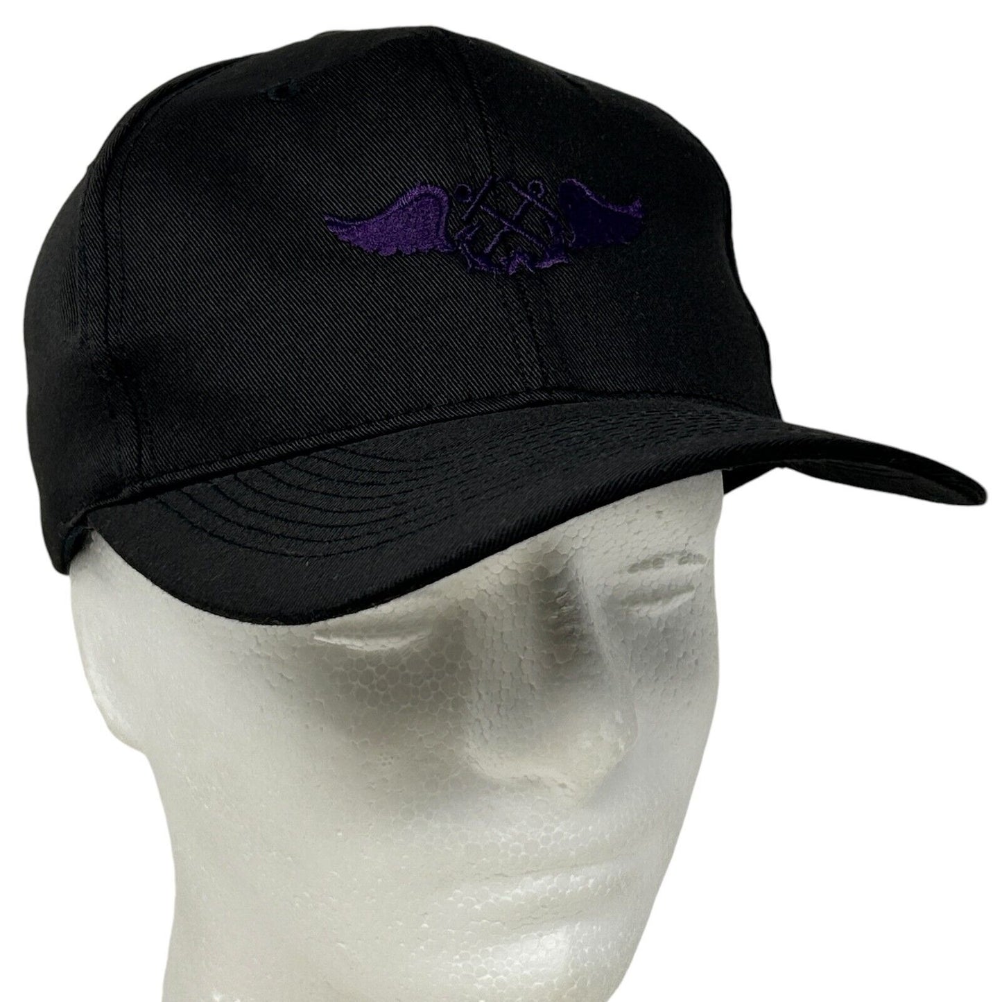 Black Otto Hat with Wings and Two Anchors Logo, Front View, Adjustable Size