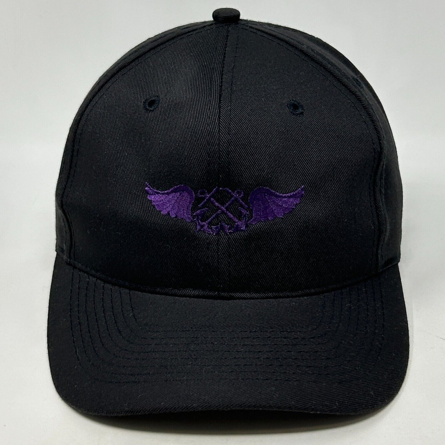 Black Otto Hat with Embroidered Purple Wings and Two Anchors Logo on Front View