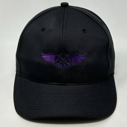 Black Otto Hat with Embroidered Purple Wings and Two Anchors Logo on Front View