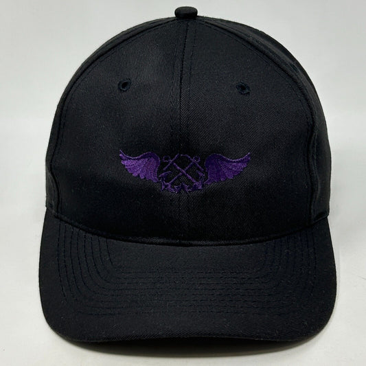 Black Otto Hat with Embroidered Purple Wings and Two Anchors Logo on Front View